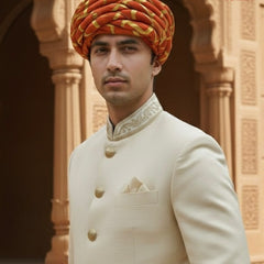 Traditional Kesari Rope-Style Pagdi with Gold Criss-Cross