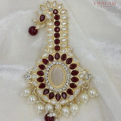 Emerald Maroon and White Kundan Pearl Brooch
