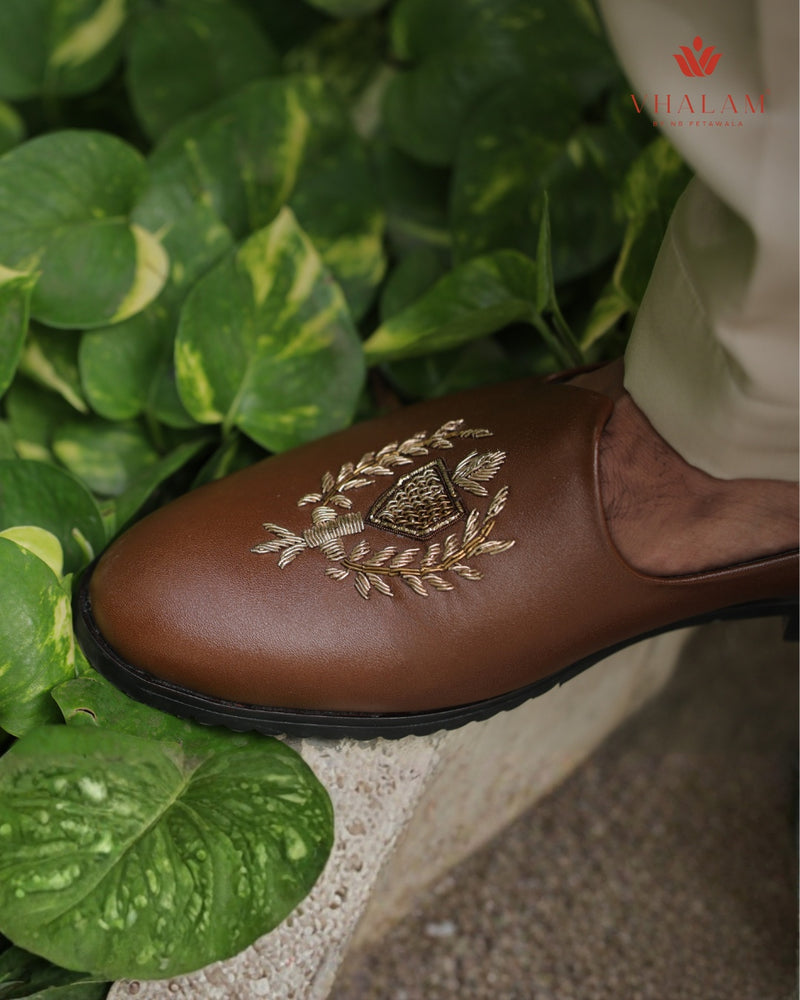 Rich Tan Premium Leather Jutti with Metallic Embroidery