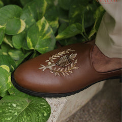 Rich Tan Premium Leather Jutti with Metallic Embroidery