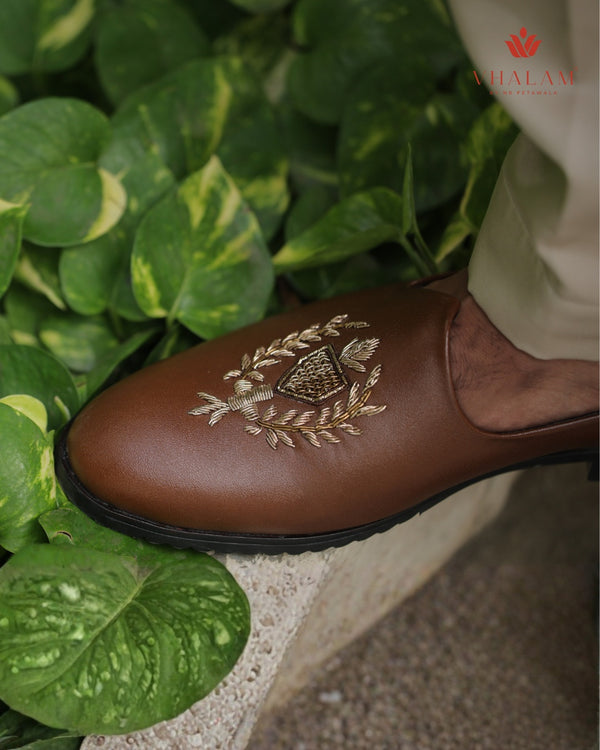 Rich Tan Premium Leather Jutti with Metallic Embroidery