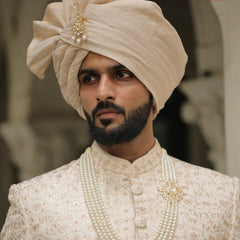 Classic Golden Beige Wedding Safa with Kundan Pearl Brooch