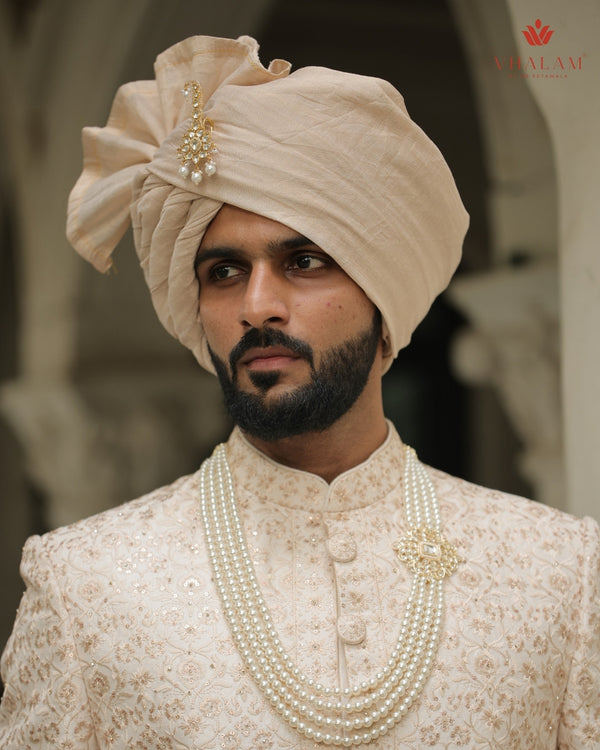 Classic Golden Beige Wedding Safa with Kundan Pearl Brooch