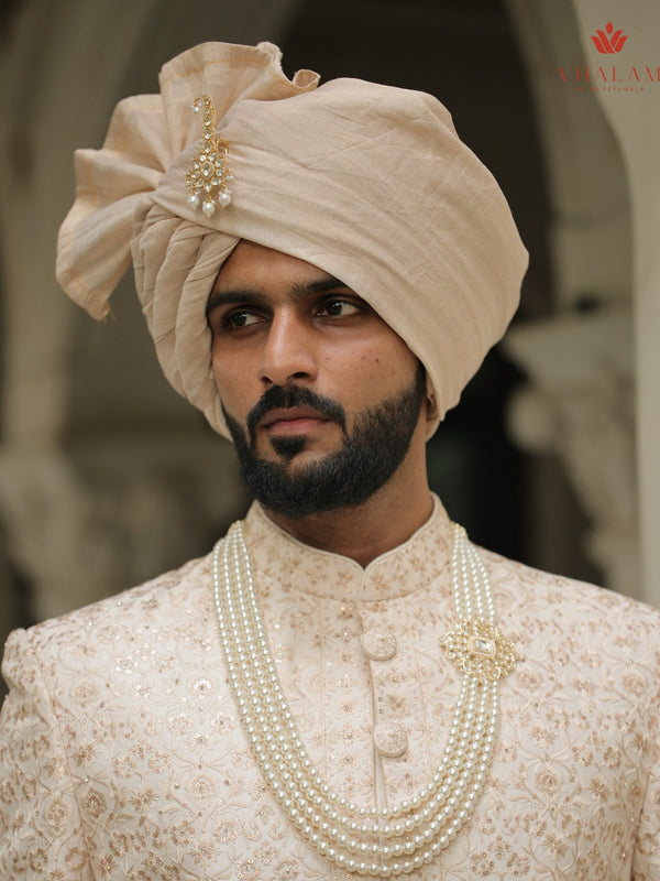 Classic Golden Beige Wedding Safa with Kundan Pearl Brooch