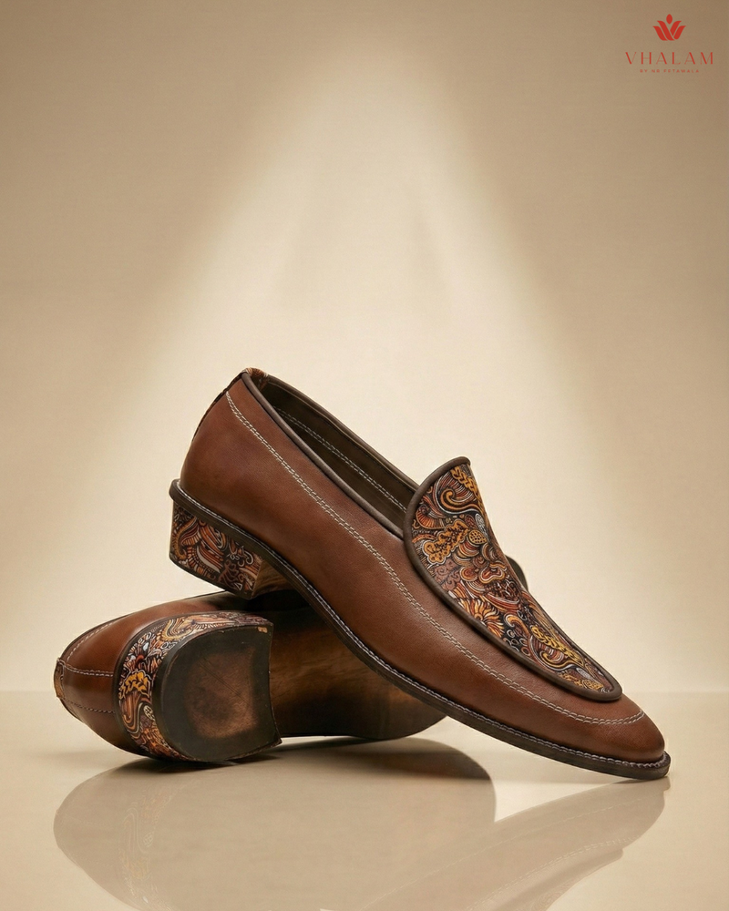 Handcrafted Maharaja Printed Brown Wedding Loafers