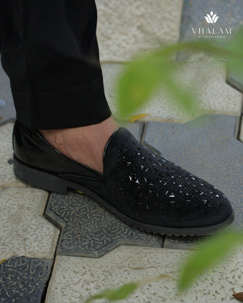 Black Velvet and Patent Raxine Groom Lofer with Geometric Stone Detailing