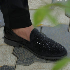 Black Velvet and Patent Raxine Groom Lofer with Geometric Stone Detailing