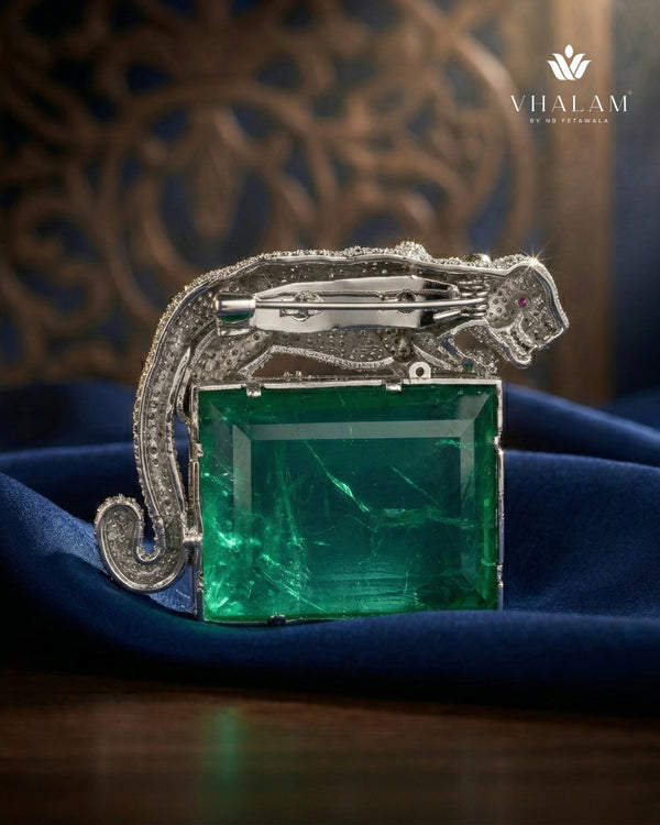 Royal Panther Pastel Green Stone Ceremonial Silver Brooch
