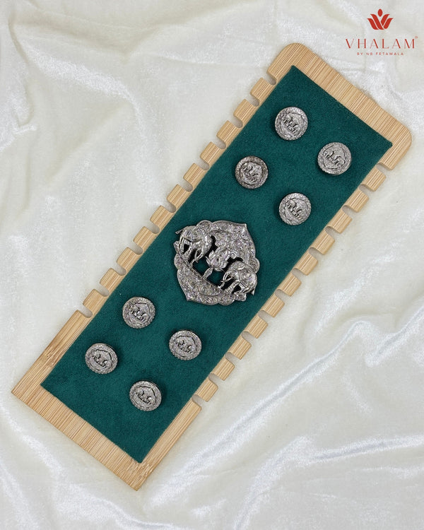 Shahi Gajraj Oxidized Silver Brooch & Button Set