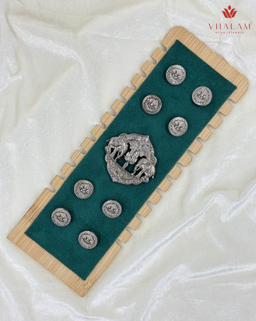 Shahi Gajraj Oxidized Silver Brooch & Button Set