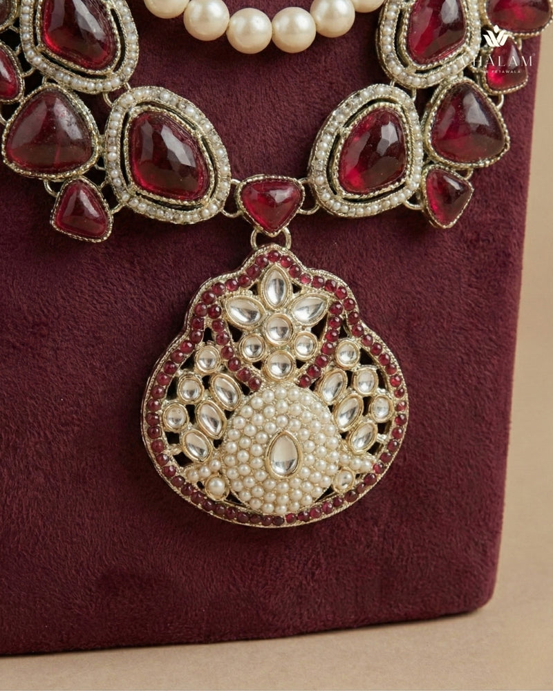 Dulha Pearl & Ruby Stone Double-Layer Mala