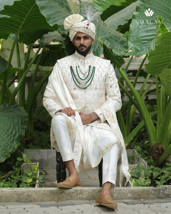 5-Piece Groom's Set for Ivory/Off-White Sherwani