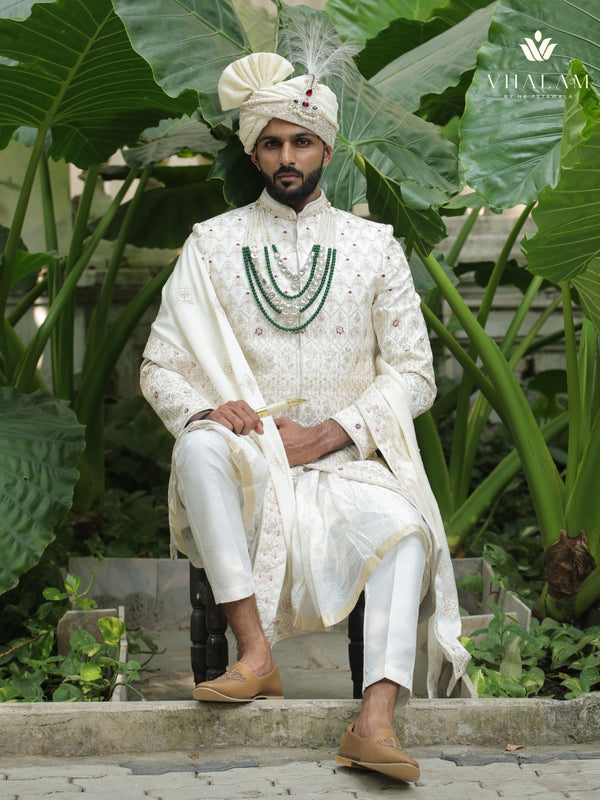 5-Piece Groom's Set for Ivory/Off-White Sherwani