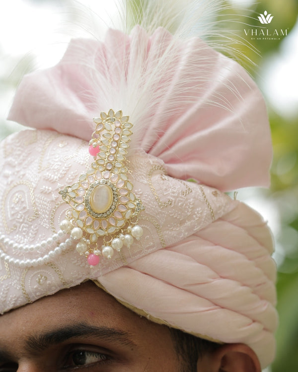 Elegant Light Pink Groom Pagdi with Pearls & Embroidery