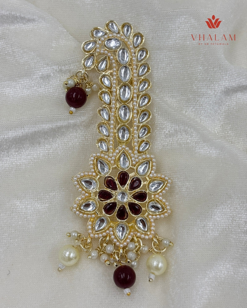 Maroon Floral Kundan Wedding Turban Brooch