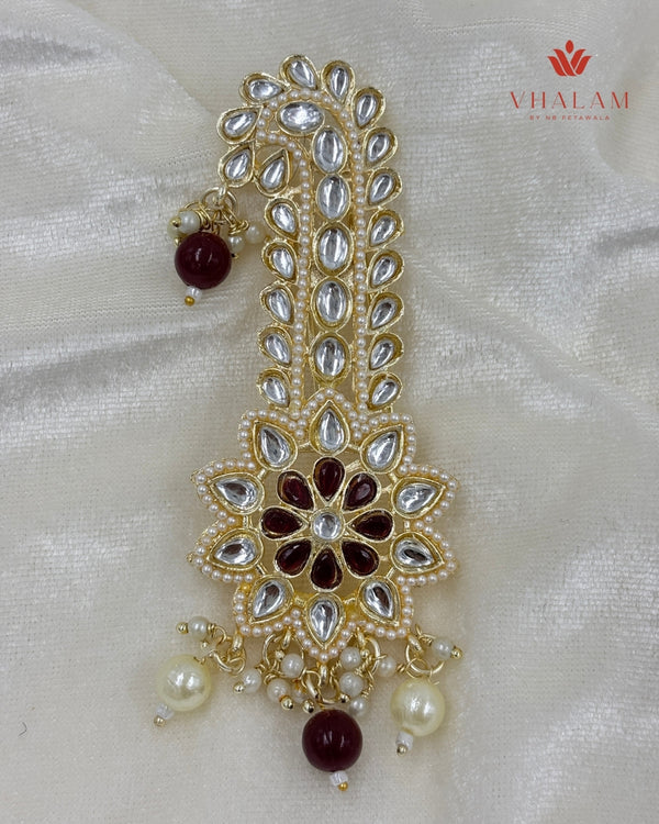 Maroon Floral Kundan Wedding Turban Brooch