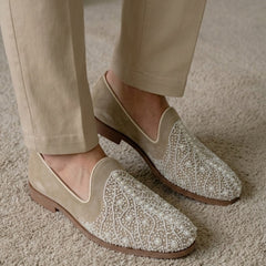 Swan Hand-Beaded Wave Motif Suede Loafers