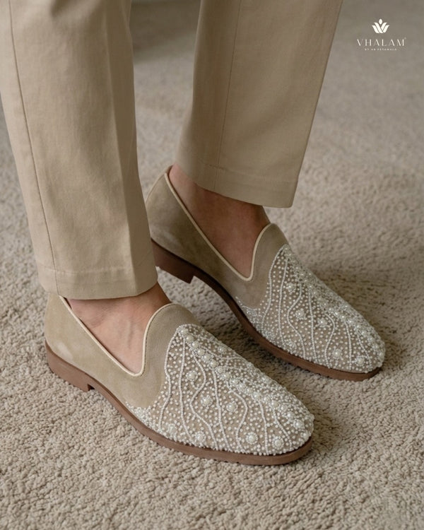 Swan Hand-Beaded Wave Motif Suede Loafers