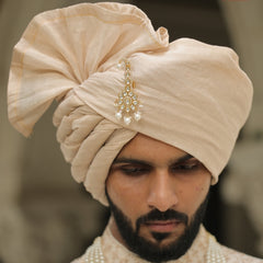 Classic Golden Beige Wedding Safa with Kundan Pearl Brooch