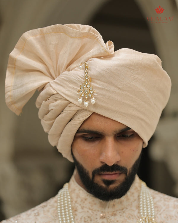 Classic Golden Beige Wedding Safa with Kundan Pearl Brooch
