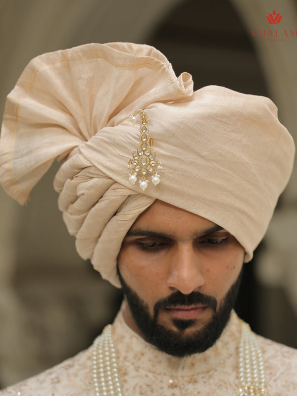 Classic Golden Beige Wedding Safa with Kundan Pearl Brooch