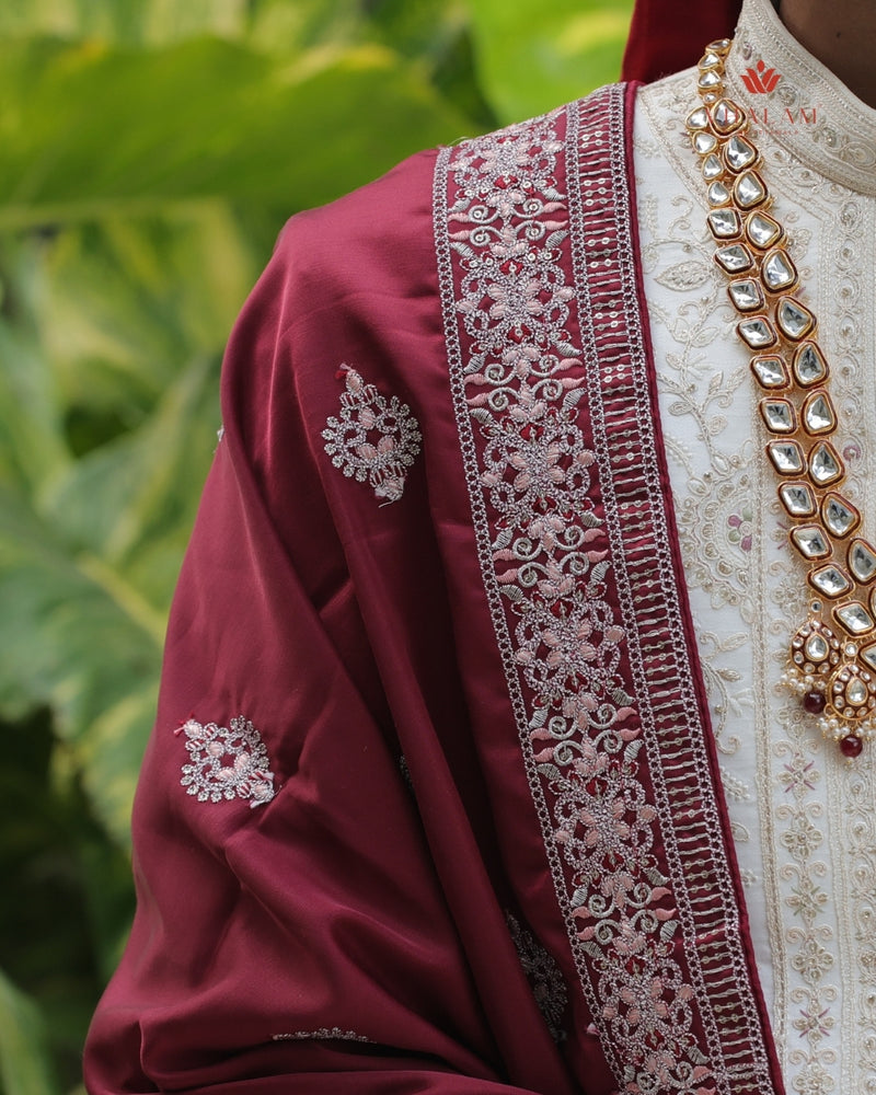 Deep Maroon Shawl for Groom with Embroidered Border