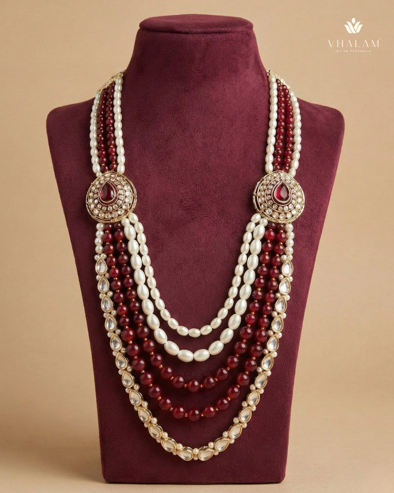 Dulha Ruby-Maroon & Pearl Multi-Layer Kundan Mala