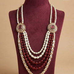 Dulha Ruby-Maroon & Pearl Multi-Layer Kundan Mala