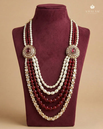 Dulha Ruby-Maroon & Pearl Multi-Layer Kundan Mala
