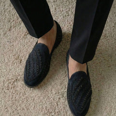 Cormorant Midnight Black Suede Hand-Beaded Crest Loafers