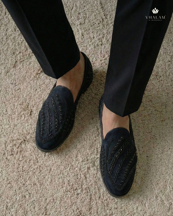 Cormorant Midnight Black Suede Hand-Beaded Crest Loafers