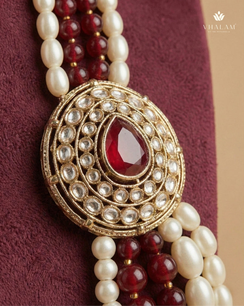 Dulha Ruby-Maroon & Pearl Multi-Layer Kundan Mala