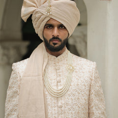 Classic Golden Beige Wedding Safa with Kundan Pearl Brooch