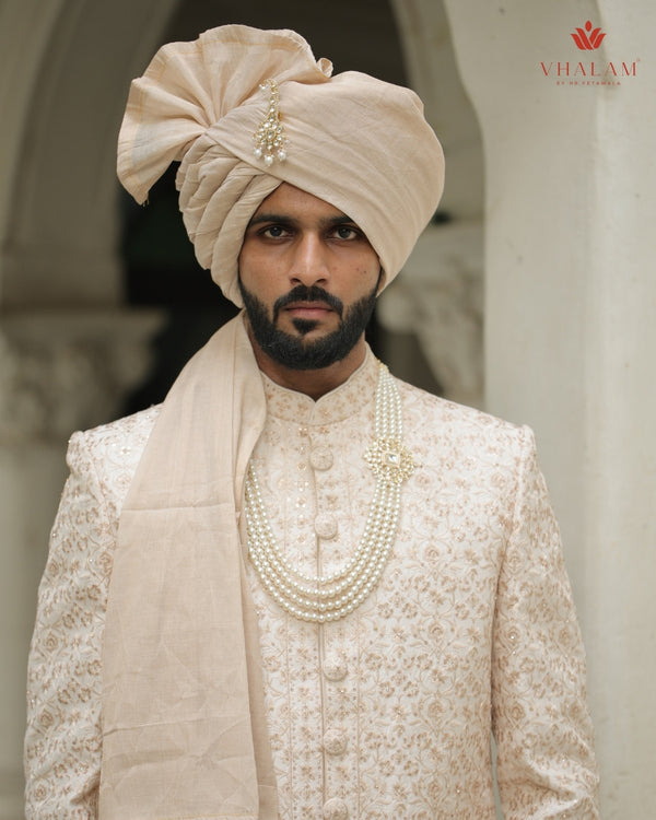Classic Golden Beige Wedding Safa with Kundan Pearl Brooch