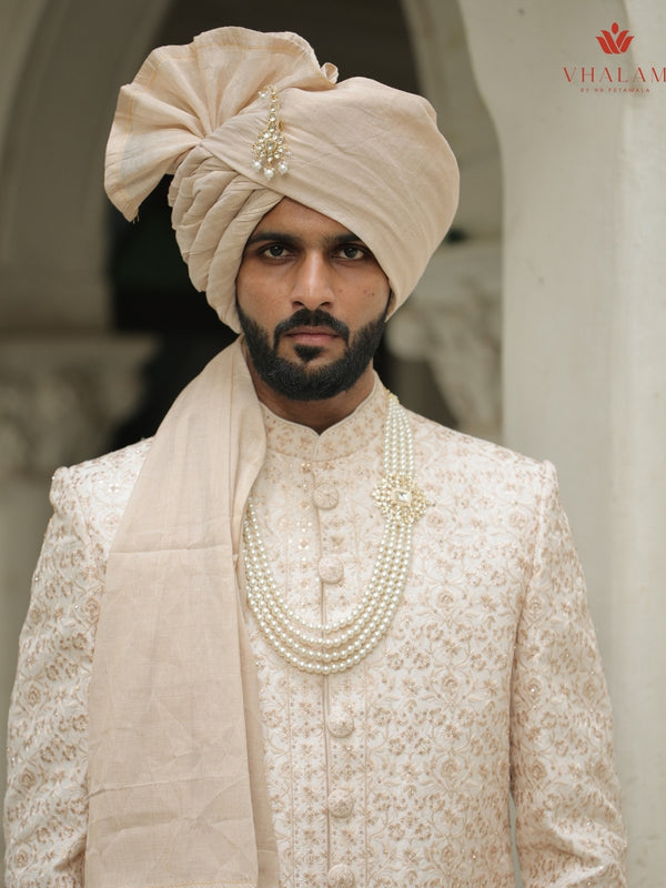 Classic Golden Beige Wedding Safa with Kundan Pearl Brooch