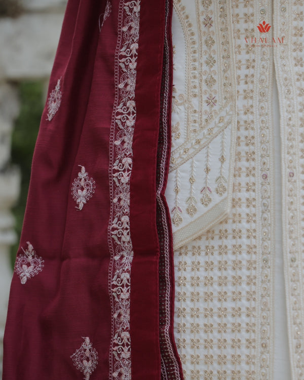 Deep Maroon Shawl for Groom with Embroidered Border