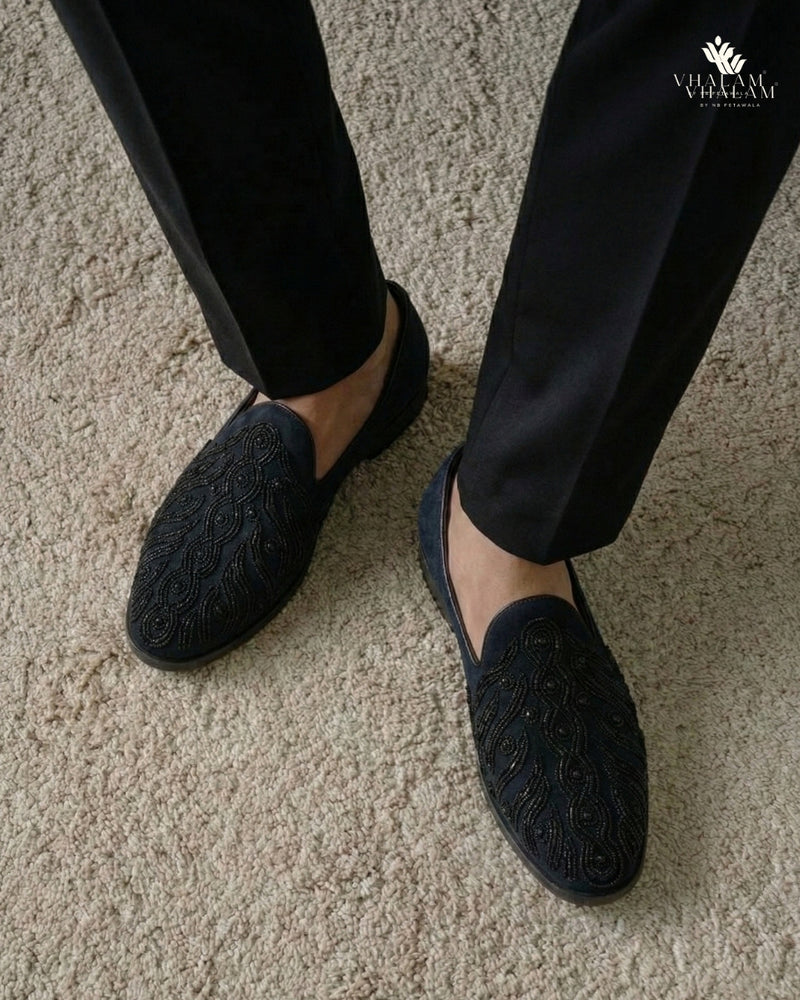 Sunbird Midnight Suede Hand-Beaded Paisley Loafers