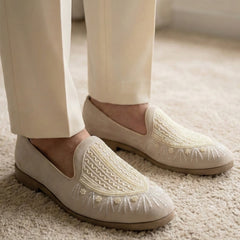 Sandgrouse Hand-Beaded Shield Motif Suede Loafers