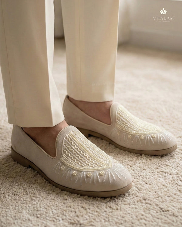 Sandgrouse Hand-Beaded Shield Motif Suede Loafers