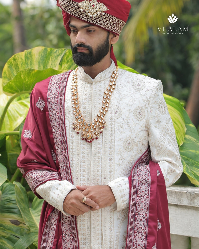 Deep Maroon Shawl for Groom with Embroidered Border