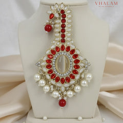 Emerald Red and White Kundan Pearl Brooch