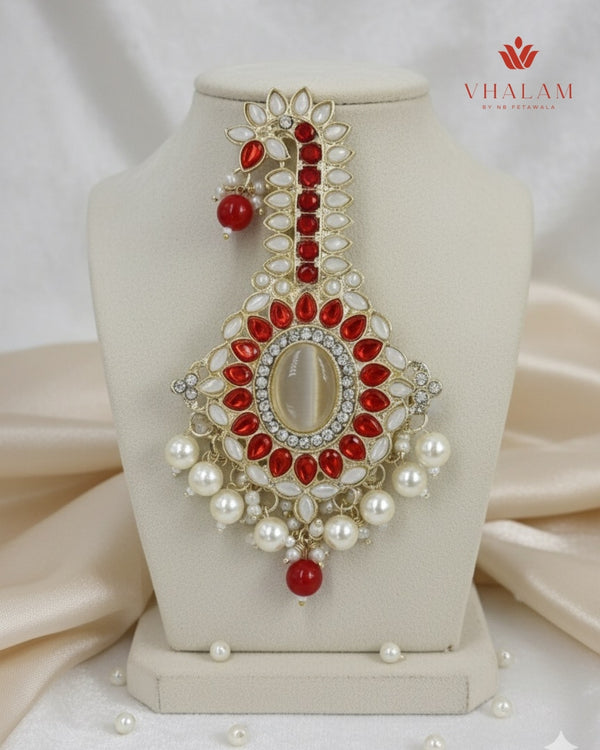 Emerald Red and White Kundan Pearl Brooch