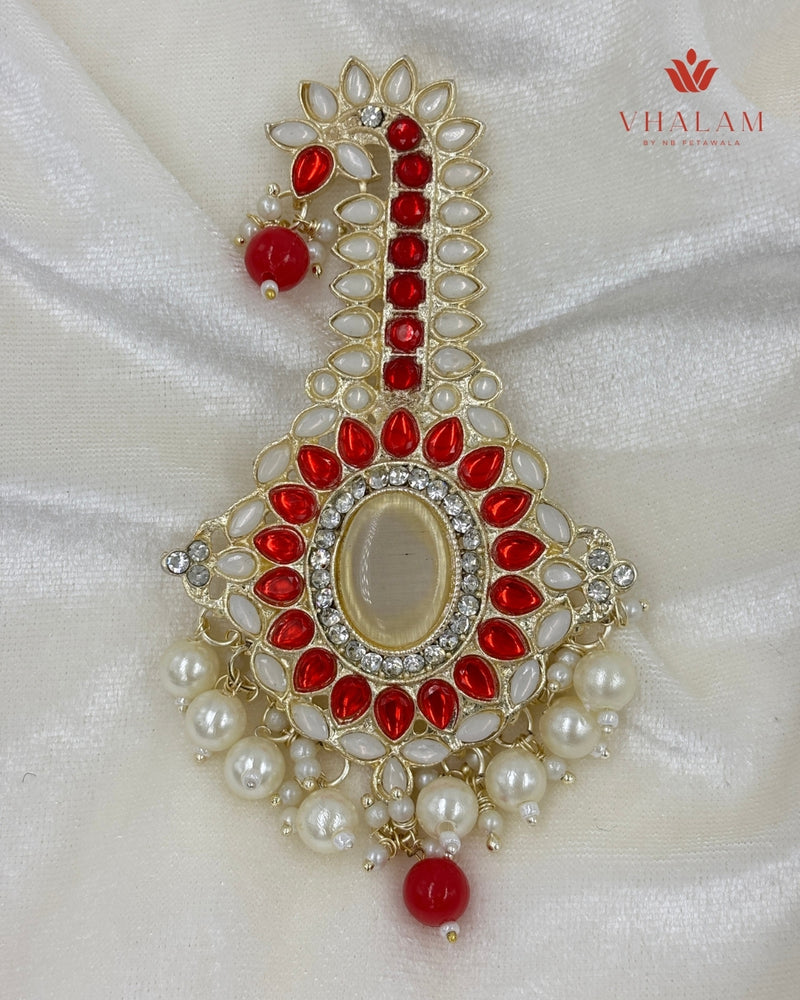 Emerald Red and White Kundan Pearl Brooch