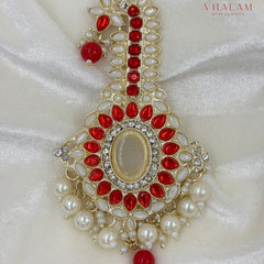 Emerald Red and White Kundan Pearl Brooch