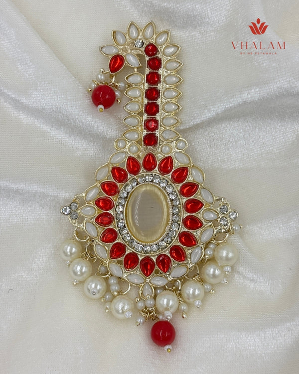 Emerald Red and White Kundan Pearl Brooch