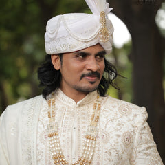 White Embroidered Groom Turban with Pearl Chains & Feather