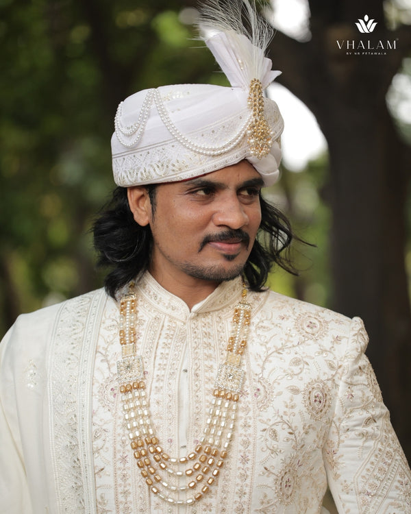 White Embroidered Groom Turban with Pearl Chains & Feather