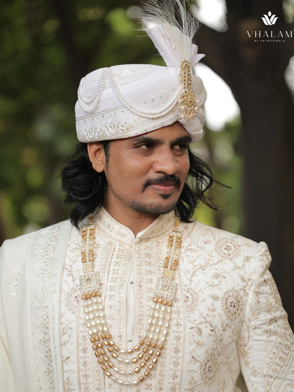 White Embroidered Groom Turban with Pearl Chains & Feather