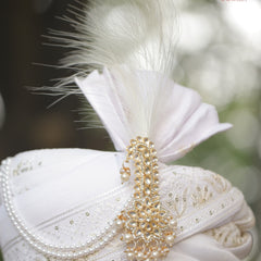 White Embroidered Groom Turban with Pearl Chains & Feather
