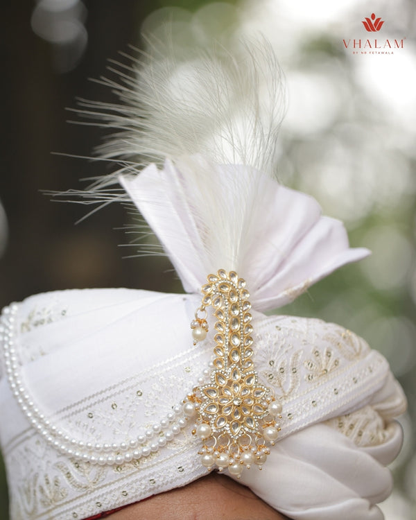White Embroidered Groom Turban with Pearl Chains & Feather